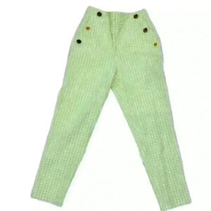 Zara Gingham Straight Pull On Pants Green and White with Gold Buttons Sz S